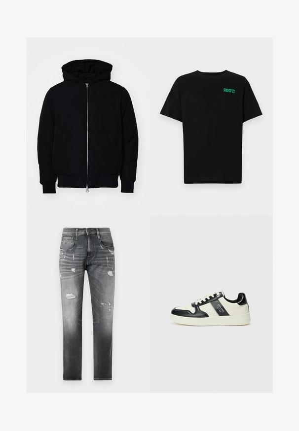 Mustaga kapuutsiga jakk, millel on esineed, kenguru tasku, soonikkoes, ja alläär, esitatud lihtsal valgel taustal.; Must t-särk, mis on valmistatud puuvillast, lühikeste varrukatega. Esipaneelil on roheline "ROOTS" logo, ümmargune kaelus ja tavapärane lõige.; Pleekinud mustad denim teksad, millel on kulunud plaastrid. Omab viit taskut, nööbivääne ja sirge jala disain.; Nahatud nahkkingad musta ja kreemi värviskeemiga, millel on perforeeritud aktsendid, pehme krae ja tekstureeritud tallad.