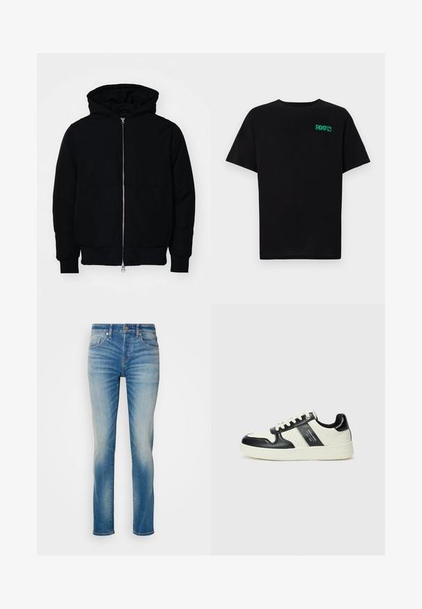Jachetă neagră cu glugă, cu fermoar în față, buzunar tip kangaroo, mansete și tiv ribbed, prezentată pe un fundal alb simplu.; Tricou negru din bumbac, cu mâneci scurte. Prezintă un logo verde "ROOTS" pe față, guler rotund și o potrivire standard.; Jeanși din denim albastru deschis cu o croială dreaptă, având cinci buzunare și o ușoară decolorare pe coapse. Închidere cu nasture metalic și fermoar.; Tenisi din piele cu un scheme de culori negru și crem, dotati cu accente perforate, guler căptușit și o talpă texturată.