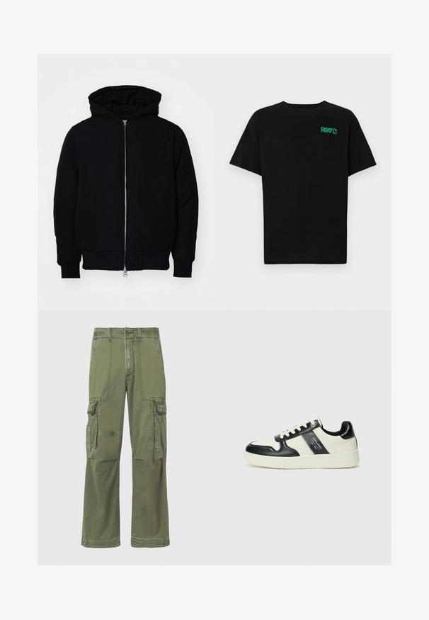 Veste à capuche noire avec fermeture éclair sur le devant, poche kangourou, poignets et ourlet côtelés, présentée sur un fond blanc uni.; T-shirt noir en coton à manches courtes. Présente un logo "ROOTS" vert sur le devant, un col rond et une coupe standard.; Pantalons cargo vert olive à coupe décontractée, dotés de plusieurs poches latérales, de détails surpiqués et d'une fermeture à bouton à la taille.; Baskets en cuir avec un schéma de couleurs noir et crème, dotées d'accents perforés, d'un col rembourré et d'une semelle texturée.