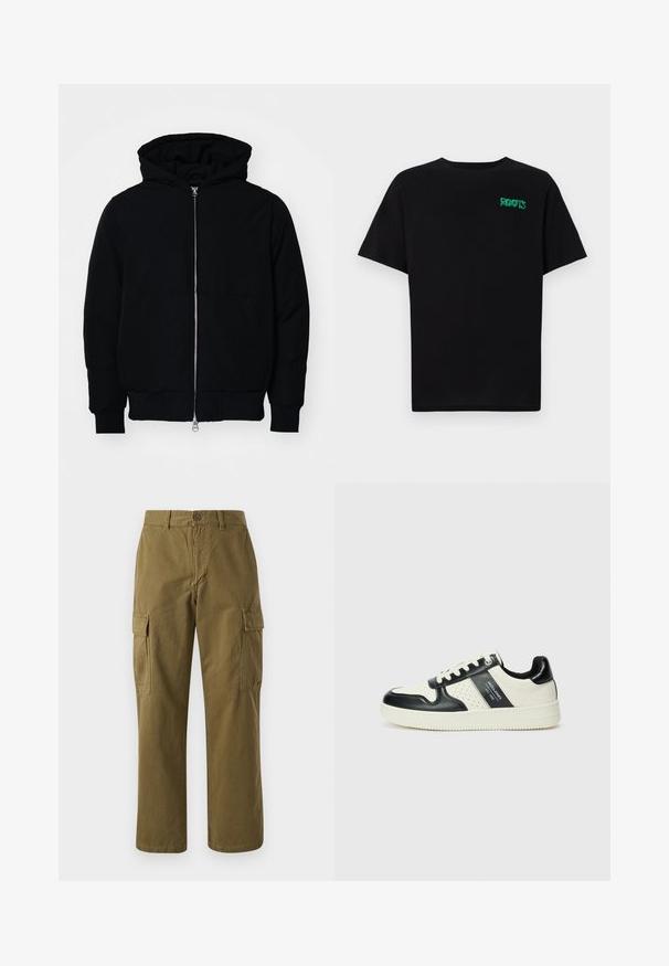Black hooded jacket with front zipper, kangaroo pocket, ribbed cuffs, and hem, displayed on a plain white background.; Black t-shirt made of cotton with short sleeves. Features a green "ROOTS" logo on the front, round neckline, and standard fit.; Olive green cargo pants made of cotton, featuring a straight leg, front button closure, and two side pockets with flap closures.; Leather sneakers with a black and cream color scheme, featuring perforated accents, a padded collar, and a textured outsole.