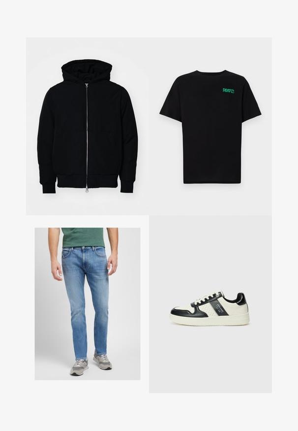 Czarna kurtka z kapturem, z suwakiem z przodu, kieszenią kangurką, ściągaczami przy mankietach i dolnym brzegu, prezentowana na jednolitym białym tle.; Czarna koszulka z bawełny z krótkim rękawem. Posiada zielone logo "ROOTS" z przodu, okrągły dekolt i standardowy krój.; Jasnoniebieskie dżinsy z prostymi nogawkami, posiadające pięć kieszeni, kontrastowe przeszycia i wyblakłe wykończenie. Połączone z szarymi trampkami.; Skórzane sneakersy w czarno-kremowym schemacie kolorystycznym, z perforowanymi akcentami, wyściełanym kołnierzem i teksturowaną podeszwą.