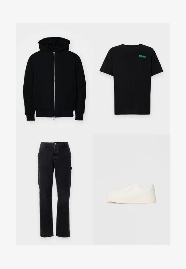 Schwarze Kapuzenjacke mit Frontreißverschluss, Kängurutasche, gerippten Bündchen und Saum, auf einem schlichten weißen Hintergrund präsentiert.; Schwarzes T-Shirt aus Baumwolle mit kurzen Ärmeln. Auf der Vorderseite befindet sich ein grünes "ROOTS"-Logo, es hat einen runden Halsauschnitt und eine normale Passform.; Schwarze Denim-Cargo-Hosen mit geraden Beinen, vorderem Knopfverschluss und Seitentaschen. Der Stoff hat eine leicht strukturierte Oberfläche.; Weiße Slip-On-Sneaker mit einer strukturierten Oberfläche, dicker Sohle und minimalistischem Design. Mit Logo der Marke an der Seite.