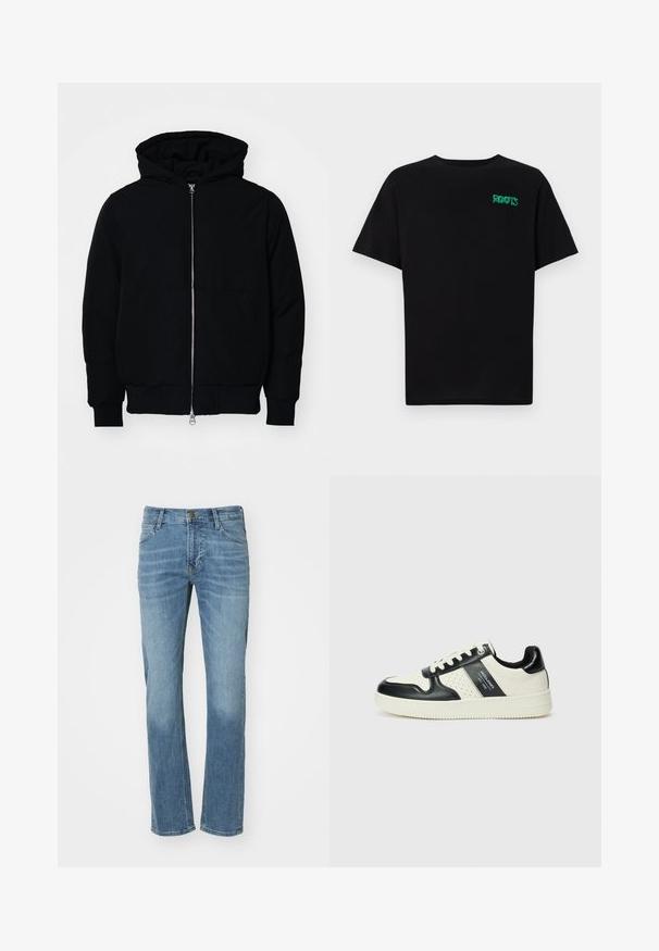 Chaqueta negra con capucha, cierre frontal, bolsillo tipo canguro, y puños y dobladillo acanalados, exhibida sobre un fondo blanco liso.; Camiseta negra de algodón con mangas cortas. Presenta un logo verde "ROOTS" en el frente, escote redondo y corte estándar.; Jeans de mezclilla azul claro con un diseño de pierna recta, que cuentan con bolsillos frontales, un cierre de botón y detalles de desgaste sutil en los muslos.; Zapatillas de cuero con un esquema de colores negro y crema, que cuentan con acentos perforados, un collar acolchado y una suela texturizada.