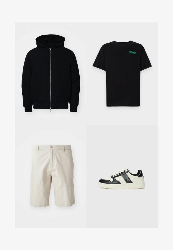 Mustaga kapuutsiga jakk, millel on esineed, kenguru tasku, soonikkoes, ja alläär, esitatud lihtsal valgel taustal.; Must t-särk, mis on valmistatud puuvillast, lühikeste varrukatega. Esipaneelil on roheline "ROOTS" logo, ümmargune kaelus ja tavapärane lõige.; Beezid puuvillased šortid, millel on ees nööbirakendus, vöökohad ja sirge sääre disain. Sile tekstuur, lõppeb just üle põlve.; Nahatud nahkkingad musta ja kreemi värviskeemiga, millel on perforeeritud aktsendid, pehme krae ja tekstureeritud tallad.