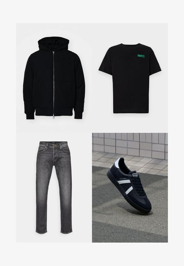 Chaqueta negra con capucha, cierre frontal, bolsillo tipo canguro, y puños y dobladillo acanalados, exhibida sobre un fondo blanco liso.; Camiseta negra de algodón con mangas cortas. Presenta un logo verde "ROOTS" en el frente, escote redondo y corte estándar.; Vaqueros de mezclilla gris oscuro con corte recto, que presentan un diseño clásico de cinco bolsillos y un ligero desgastado. Cierre con botón de metal y cremallera.; Zapatilla de cuero negra con rayas blancas, suela de goma texturizada y parte frontal con cordones. Cuenta con una etiqueta de marca en la lengüeta.