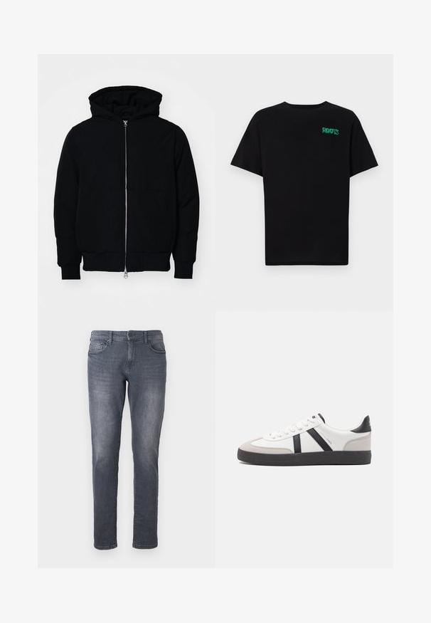 Crna kapuška jakna s prednjim zatvaračem, kenguru džepom, rebrastim manžetama i rubom, prikazana na običnoj bijeloj pozadini.; Crna majica kratkih rukava od pamuka. Na prednjem dijelu se nalazi zeleni "ROOTS" logo, okrugli izrez i standardni kroj.; Sive traperice slim kroja, s patentnim zatvaračem, remenicama, prednjim džepovima i izbleđenim finišem. Standardni ravni kroj nogavica.; Bijele tenisice s crnim i sivim detaljima, s teksturiranim sivim zaštitnikom prstiju, crnim gumene potplate i ravnim bijelim vezicama. Čist dizajn, minimalistički stil.