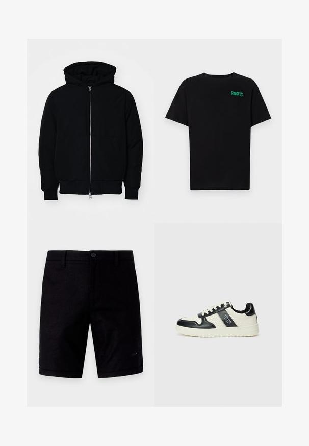 Black hooded jacket with front zipper, kangaroo pocket, ribbed cuffs, and hem, displayed on a plain white background.; Black t-shirt made of cotton with short sleeves. Features a green "ROOTS" logo on the front, round neckline, and standard fit.; Black shorts with a smooth texture, featuring a button closure, traditional pockets, and rolled cuffs. Made from lightweight fabric.; Leather sneakers with a black and cream color scheme, featuring perforated accents, a padded collar, and a textured outsole.