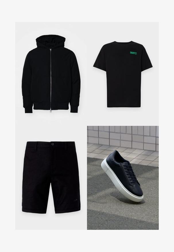 Giacca nera con cappuccio, dotata di zip frontale, tasca a marsupio, polsini e orlo a coste, esposta su uno sfondo bianco semplice.; T-shirt nera in cotone con maniche corte. Presenta un logo verde "ROOTS" sulla parte frontale, colletto rotondo e vestibilità standard.; Pantaloni shorts neri con una texture liscia, dotati di chiusura a bottone, tasche tradizionali e risvolti. Realizzati in tessuto leggero.; Sneaker in pelle nera con punta arrotondata e suola in gomma bianca. Presenta lacci piatti e cuciture minime sulla parte superiore. Suola testurizzata per una migliore aderenza.