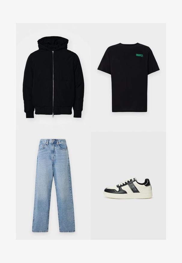 Melna kapucēta jaka ar priekšējo rāvējslēdzēju, kenguru kabatu, ribinātām aprocēm un apakšmalu, parādīta uz vienkārša balta fona.; Melna kokvilnas t-kreka ar īsām piedurknēm. Uz priekšu ir zaļa "ROOTS" logo, apaļa kakla izgriezums un standarta piegriezums.; Gaiši zilas džinsu bikses ar platu kāju un augstu jostu, pieciem kabatām un nemanāmu izbalējumu. Iestrādāti vara pogas un niteņu apdare.; Ādas sporta apavi ar melnbaltu krāsu shēmu, ar perforētiem akcentiem, mīkstinātu apkakli un teksturētu zoli.