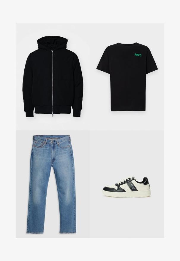 Juodas gobtuvėlis su priekiniu užtrauktuku, kengūros tipo kišene, lygiais rankogaliais ir apvadu, pateiktas ant vientiso balto fono.; Juodas medvilninis marškinėliai trumpomis rankovėmis. Priekyje yra žalias „ROOTS“ logotipas, apvalus iškirpimas ir standartinė prigludimo forma.; Mėlyni tiesaus silueto džinsiniai kelnių su priekinėmis sagomis ir užtrauktuku, diržo kilpos ir penkių kišenių dizainas ant balto fono.; Odiniai sportbačiai juodos ir kreminės spalvų schemoje, su perforuotais akcentais, paminkštinta apykakle ir tekstūruotu padu.