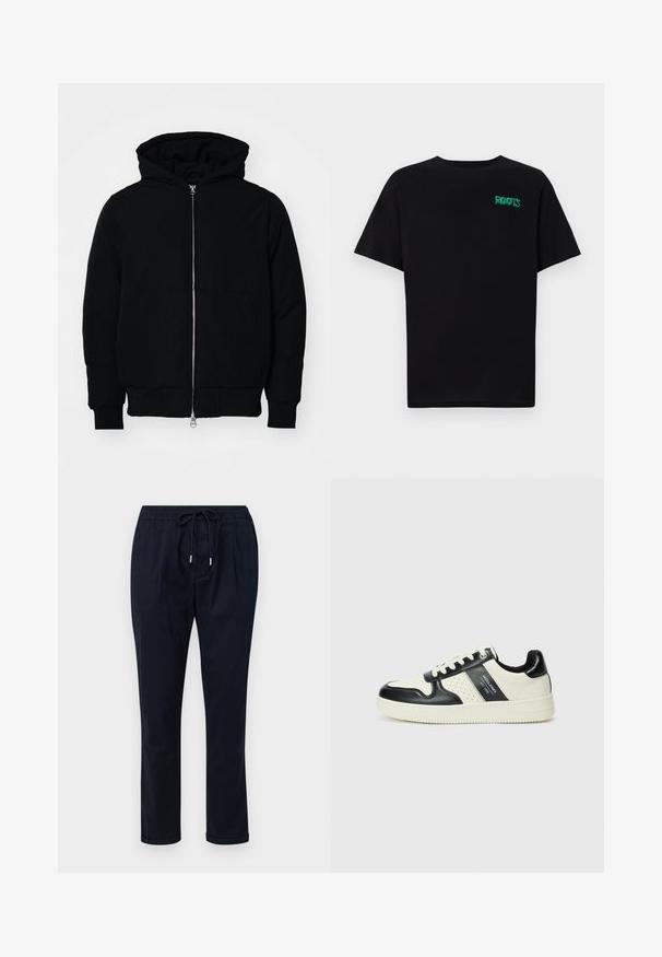 Fekete kapucnis dzseki elülső cipzárral, kenguruzsebbel, bordázott mandzsettákkal és aba, egy sima fehér háttér előtt.; Fekete, pamutból készült póló rövid ujjakkal. Elöl zöld "ROOTS" logóval, kerek nyakkivágással és normál szabással.; Sötétkék, könnyű anyagból készült nadrág, elasztikus derékkal és kötőzsinórral, egyenes lábakkal és feltekert szegélyekkel.; Fekete és krém színű bőrsneaker, perforált díszítésekkel, párnázott bokapánttal és texturált talppal.