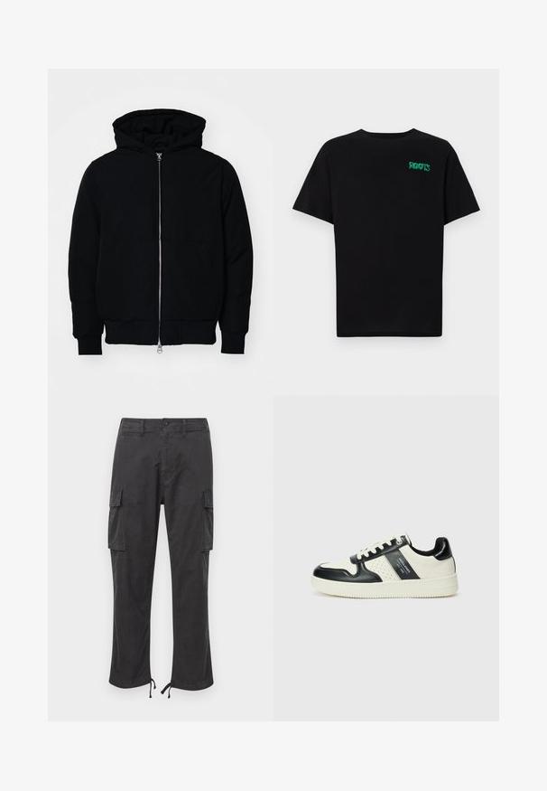 Mustaga kapuutsiga jakk, millel on esineed, kenguru tasku, soonikkoes, ja alläär, esitatud lihtsal valgel taustal.; Must t-särk, mis on valmistatud puuvillast, lühikeste varrukatega. Esipaneelil on roheline "ROOTS" logo, ümmargune kaelus ja tavapärane lõige.; Musthave cargo püksid kahte küljetaskut, reguleeritavad nöörsued, nupuga sulgemine ja sile, vastupidav kangas.; Nahatud nahkkingad musta ja kreemi värviskeemiga, millel on perforeeritud aktsendid, pehme krae ja tekstureeritud tallad.