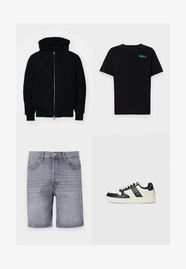 Mustaga kapuutsiga jakk, millel on esineed, kenguru tasku, soonikkoes, ja alläär, esitatud lihtsal valgel taustal.; Must t-särk, mis on valmistatud puuvillast, lühikeste varrukatega. Esipaneelil on roheline "ROOTS" logo, ümmargune kaelus ja tavapärane lõige.; Heledad šortsid heledas hallis klassikalise lõikega, viie tasku, nööbi kinnituse ja veidi kulunud tekstuuriga.; Nahatud nahkkingad musta ja kreemi värviskeemiga, millel on perforeeritud aktsendid, pehme krae ja tekstureeritud tallad.