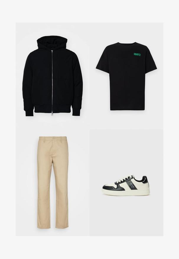 Veste à capuche noire avec fermeture éclair sur le devant, poche kangourou, poignets et ourlet côtelés, présentée sur un fond blanc uni.; T-shirt noir en coton à manches courtes. Présente un logo "ROOTS" vert sur le devant, un col rond et une coupe standard.; Chinos beiges, design à jambe droite, tissu en mélange de coton, fermeture à bouton à l'avant, passants de ceinture et ourlets finement cousus. Pas de motifs ni d'accents visibles.; Baskets en cuir avec un schéma de couleurs noir et crème, dotées d'accents perforés, d'un col rembourré et d'une semelle texturée.