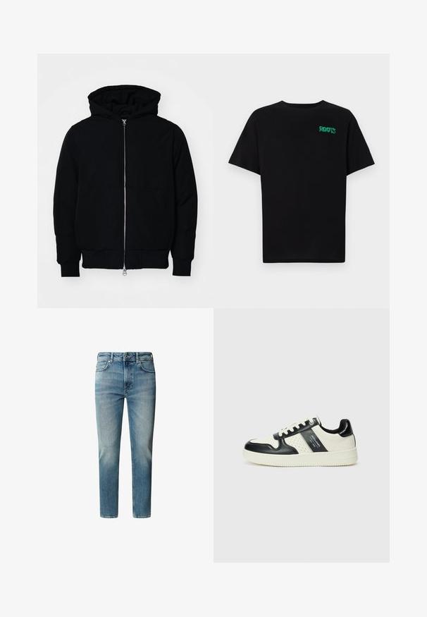 Svart huoodiejacka med framdragkedja, känguruficka, ribbade ärmslut och nederkant, uppställd mot en vit bakgrund.; Svart t-shirt i bomull med korta ärmar. Har en grön "ROOTS" logotyp på framsidan, rund halsringning och standard passform.; Ljusblå denimjeans med rak passform, femficksdesign och dragkedja. Blekt vid knäna och subtila slitningar på låren.; Läder sneakers med en svart och krämfärgad färgsättning, med perforerade detaljer, en vadderad krage och en strukturerad yttersula.