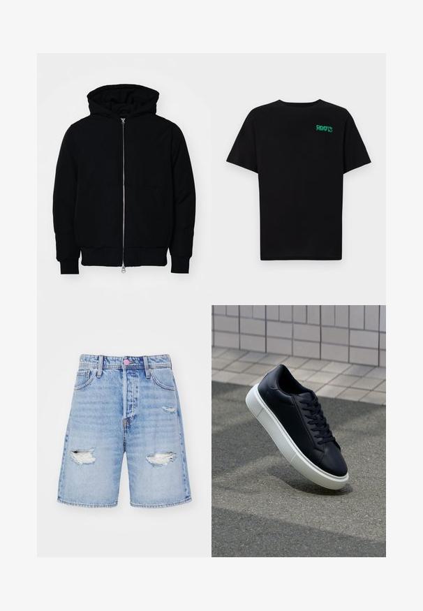 Chaqueta negra con capucha, cierre frontal, bolsillo tipo canguro, y puños y dobladillo acanalados, exhibida sobre un fondo blanco liso.; Camiseta negra de algodón con mangas cortas. Presenta un logo verde "ROOTS" en el frente, escote redondo y corte estándar.; Pantalones cortos de mezclilla azul claro con detalles desgastados, que presentan desgastes deshilachados y un diseño de corte recto. Incluyen cinco bolsillos y un cierre con botón.; Zapatilla de cuero negro con punta redonda y suela de goma blanca. Presenta cordones planos y un mínimo de costuras en la parte superior. Suela texturizada para proporcionar agarre.