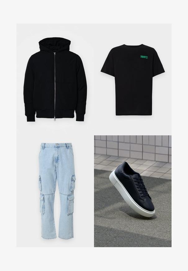 Sort hættejakke med frontlynlås, kængurulomme, ribbede manchetter og kant, præsenteret på en ensfarvet hvid baggrund.; Sort t-shirt lavet af bomuld med korte ærmer. Har et grønt "ROOTS" logo på forsiden, rund halsudskæring og almindelig pasform.; Only & Sons ONSEDGE - Jeans Straight Leg - light blue denim; Sort lædersneaker med rund tå og hvid gummisål. Har flade snørebånd og minimal syning på overdelen. Tekstureret sål for bedre greb.