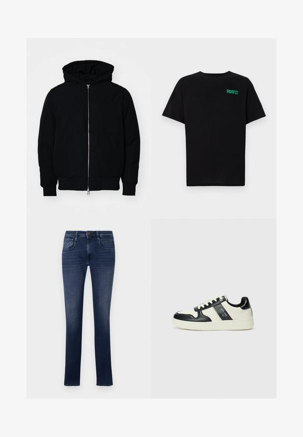 Mustat huppu-untuvatakki, jossa on vetoketju edessä, kenguru-tasku, ribatut hihansuut ja helma, esillä yksinkertaisella valkoisella taustalla.; Mustat t-paidat, jotka on valmistettu puuvillasta ja joissa on lyhyet hihat. Edessä vihreä "ROOTS"-logo, pyöreä kaula-aukko ja normaali istuvuus.; Tummansiniset farkut suoralla leikkauksella, joissa on viisi taskua, huomaamaton ompelu ja yksittäinen nappisulku vyötäröllä.; Nahkakengät musta-kerma värimaailmassa, joissa on rei'itetyt yksityiskohdat, pehmustettu nilkkaosa ja teksturoitu pohja.