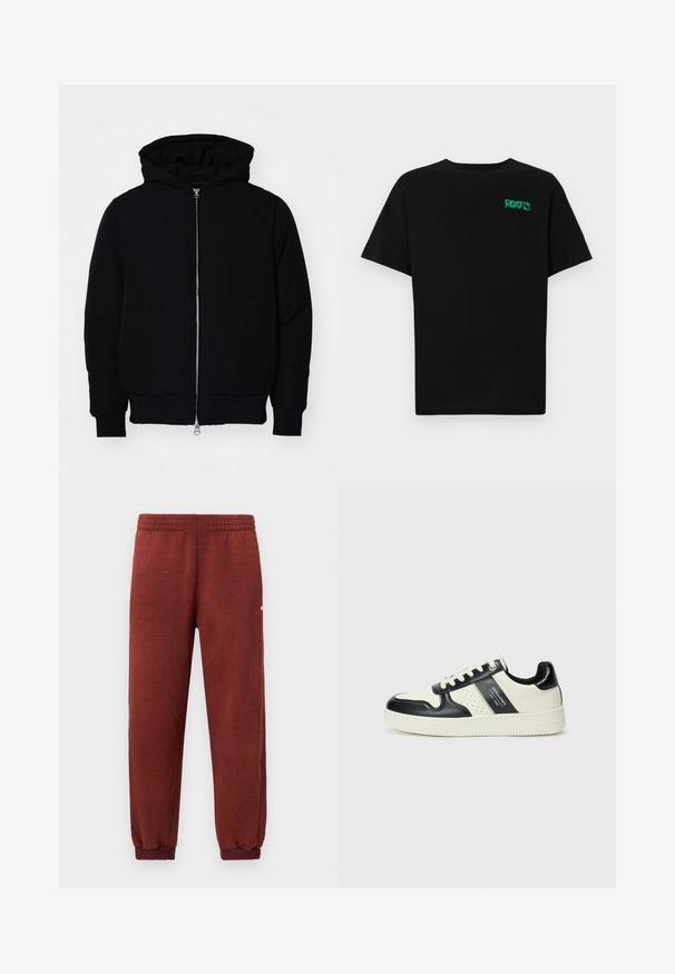 Juodas gobtuvėlis su priekiniu užtrauktuku, kengūros tipo kišene, lygiais rankogaliais ir apvadu, pateiktas ant vientiso balto fono.; Juodas medvilninis marškinėliai trumpomis rankovėmis. Priekyje yra žalias „ROOTS“ logotipas, apvalus iškirpimas ir standartinė prigludimo forma.; Rudais spalvos flisiniai sportiniai kelnių su elastingu juosmeniu ir kulkšnies juostomis, pristatyti prieš baltą foną.; Odiniai sportbačiai juodos ir kreminės spalvų schemoje, su perforuotais akcentais, paminkštinta apykakle ir tekstūruotu padu.