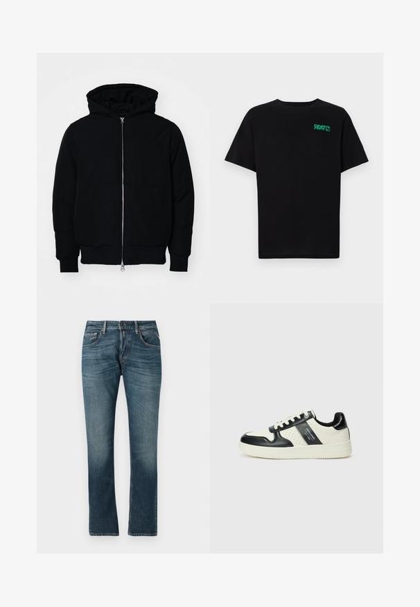 Zwarte hoodie met rits aan de voorkant, kangoeroe-pocket, geribbelde manchetten en zoom, weergegeven op een effen witte achtergrond.; Zwarte T-shirt van katoen met korte mouwen. Heeft een groen "ROOTS" logo op de voorkant, een ronde halslijn en een standaard pasvorm.; Blauwe denim jeans met een rechte pasvorm, vervaagde wassing, vijf zakken ontwerp en contrasterende stiksels. Knoop- en ritsclosure.; Leren sneakers met een zwart en crèmekleurig kleurenschema, voorzien van geperforeerde accenten, een gevoerde kraag en een gestructureerde buitenzool.