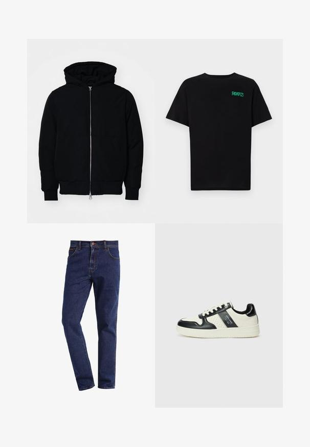 Juodas gobtuvėlis su priekiniu užtrauktuku, kengūros tipo kišene, lygiais rankogaliais ir apvadu, pateiktas ant vientiso balto fono.; Juodas medvilninis marškinėliai trumpomis rankovėmis. Priekyje yra žalias „ROOTS“ logotipas, apvalus iškirpimas ir standartinė prigludimo forma.; Tamsiai mėlyni tiesių kojų džinsai su priekiniu kišenėmis, mygtukų uždarymu, diržo kilpomis ir matomomis siūlėmis.; Odiniai sportbačiai juodos ir kreminės spalvų schemoje, su perforuotais akcentais, paminkštinta apykakle ir tekstūruotu padu.