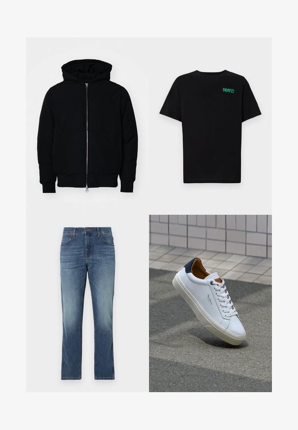 Črna kapuca jakna s sprednjim zadrgo, kenguru žepom, rebrastimi manšetami in hemom, razstavljena na enostavni beli ozadju.; Črna majica iz bombaža z kratkimi rokavi. Na sprednji strani ima zeleno logotip "ROOTS", okroglo ovratnico in standardno prileganje.; Jeans iz jeansa v srednjem modrem odtenku s ravnim krojem, petimi žepi ter klasičnim gumbom in zadrgo. Oblečeni detajli na stegnih.; Beli usnjeni čevelj s plavo peto, okrogelimi prsti in kontrastnimi rjavimi detajli. Ima ravne vezalke in teksturiran gumijast podplat.
