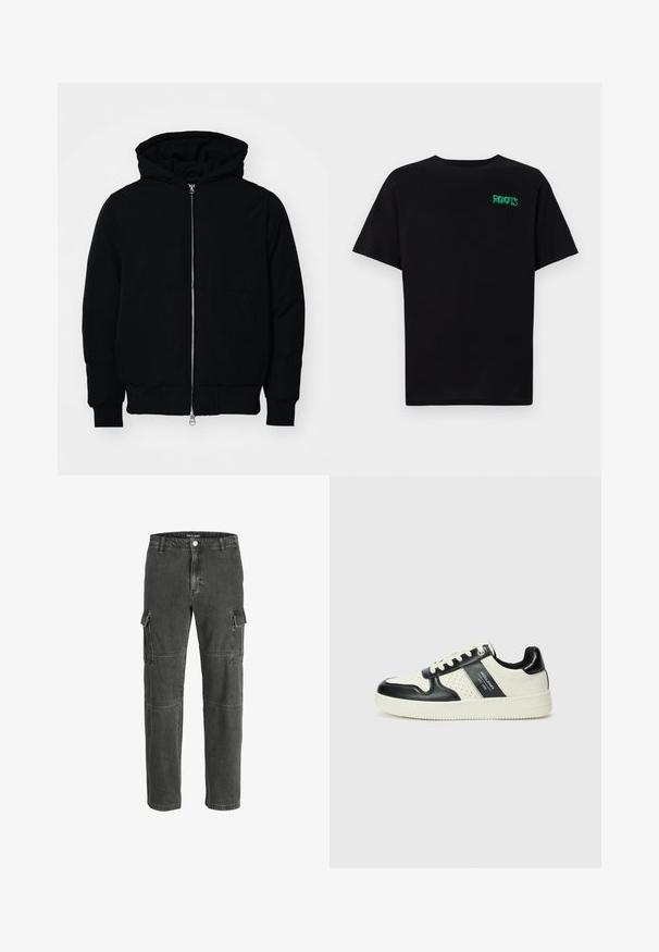 Chaqueta negra con capucha, cierre frontal, bolsillo tipo canguro, y puños y dobladillo acanalados, exhibida sobre un fondo blanco liso.; Camiseta negra de algodón con mangas cortas. Presenta un logo verde "ROOTS" en el frente, escote redondo y corte estándar.; Pantalones cargo en denim gris oscuro. Con múltiples bolsillos, un ajuste relajado y detalles de costura. Cintura clásica con cierre de botón frontal.; Zapatillas de cuero con un esquema de colores negro y crema, que cuentan con acentos perforados, un collar acolchado y una suela texturizada.