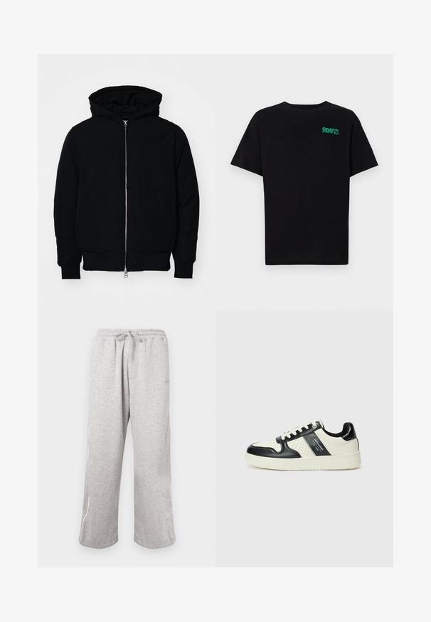 Čierna kapucňová bunda s predným zipsom, klokaními vreckami, rebrovanými manžetami a lemom, zobrazená na bielom pozadí.; Čierne tričko s krátkymi rukávmi vyrobené z bavlny. Na prednej strane má zelené logo "ROOTS", okrúhly výstrih a štandardný strih.; Šedé tepláky vyrobené z jemnej látky, so elastickým pásom na šnúrku a bočnými švovými akcentmi v kontrastnej farbe.; Kožené tenisky v čierno-krémovej farbe, s perforovanými akcentmi, polstrovaným golierom a štruktúrovanou podrážkou.