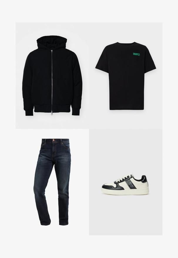 Crna kapuška jakna s prednjim zatvaračem, kenguru džepom, rebrastim manžetama i rubom, prikazana na običnoj bijeloj pozadini.; Crna majica kratkih rukava od pamuka. Na prednjem dijelu se nalazi zeleni "ROOTS" logo, okrugli izrez i standardni kroj.; Tamno plave traperice s klasičnim ravnim krojem, koje imaju mjeden dugu dugmad, pet džepova i kontrastne šavove.; Kožne tenisice s crno-bijelom paletom boja, koje imaju perforirane akcentne detalje, podstavljeni ovratnik i teksturiranu potplat.