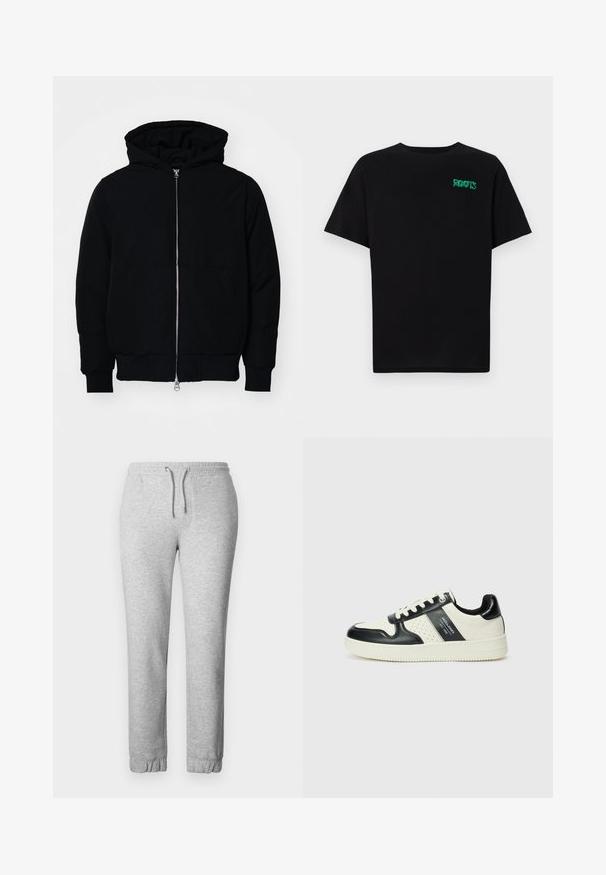 Črna kapuca jakna s sprednjim zadrgo, kenguru žepom, rebrastimi manšetami in hemom, razstavljena na enostavni beli ozadju.; Črna majica iz bombaža z kratkimi rokavi. Na sprednji strani ima zeleno logotip "ROOTS", okroglo ovratnico in standardno prileganje.; Sive trenirke iz mehkega materiala, z elastičnim pasom in vrvico, elastičnimi manšetami in gladko teksturo.; Usnjeni športni čevlji z črno in krem barvno shemo, ki vključujejo perforirane dodatke, podložen ovratnik in strukturirano podplat.