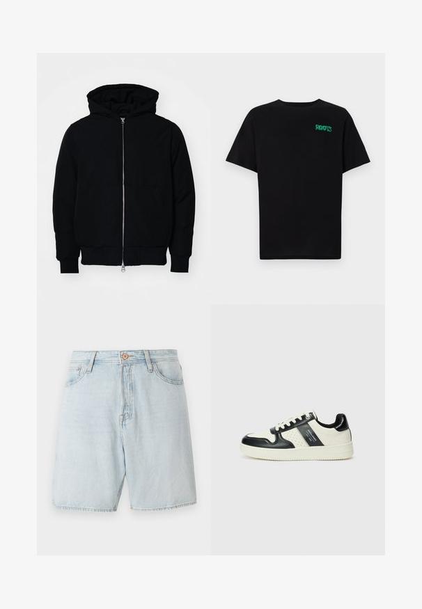Svart hettejakke med frontglidelås, kengurulomme, ribbestrikket mansjetter og søm, vist på en ensfarget hvit bakgrunn.; svart t-skjorte laget av bomull med korte ermer. Har et grønt "ROOTS"-logo på forsiden, rund halsutringning og standard passform.; Lyseblå denimshorts med høy midje, femlommersdesign og kontrasterende sømmer. Har klassisk knapp- og glidelås-lukking.; Lædersneakers med sort og creme farveskema, der har perforerede detaljer, en polstret krave og en struktureret ydersål.