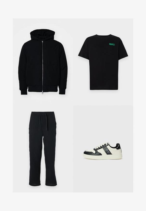 Crna kapuška jakna s prednjim zatvaračem, kenguru džepom, rebrastim manžetama i rubom, prikazana na običnoj bijeloj pozadini.; Crna majica kratkih rukava od pamuka. Na prednjem dijelu se nalazi zeleni "ROOTS" logo, okrugli izrez i standardni kroj.; Crne, lagane hlače s elastičnim pojasom i opuštenim krojem. Ravne nogavice s lagano suženim rubovima.; Kožne tenisice s crno-bijelom paletom boja, koje imaju perforirane akcentne detalje, podstavljeni ovratnik i teksturiranu potplat.