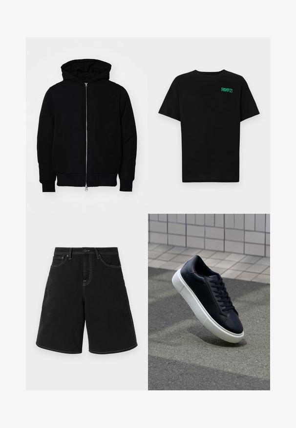 Zwarte hoodie met rits aan de voorkant, kangoeroe-pocket, geribbelde manchetten en zoom, weergegeven op een effen witte achtergrond.; Zwarte T-shirt van katoen met korte mouwen. Heeft een groen "ROOTS" logo op de voorkant, een ronde halslijn en een standaard pasvorm.; Zwarte denim shorts met een rechte snit, voorzien van contrasterende witte stiksels, voorzakken en een knoopband. Glad oppervlak.; Zwarte leren sneaker met een ronde neus en een witte rubberen zool. Voorzien van platte veters en minimale stiksels op het bovenwerk. Textuurrijke zool voor grip.