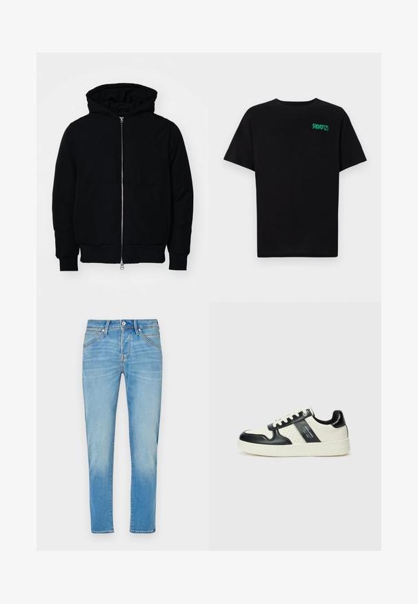 Giacca nera con cappuccio, dotata di zip frontale, tasca a marsupio, polsini e orlo a coste, esposta su uno sfondo bianco semplice.; T-shirt nera in cotone con maniche corte. Presenta un logo verde "ROOTS" sulla parte frontale, colletto rotondo e vestibilità standard.; Jeans in denim blu chiaro con un design a gamba dritta, dotati di chiusura con bottone, cinque tasche e leggero sbiadimento sul tessuto.; Sneakers in pelle con una combinazione di colori nero e crema, dotati di dettagli perforati, collare imbottito e suola testurizzata.