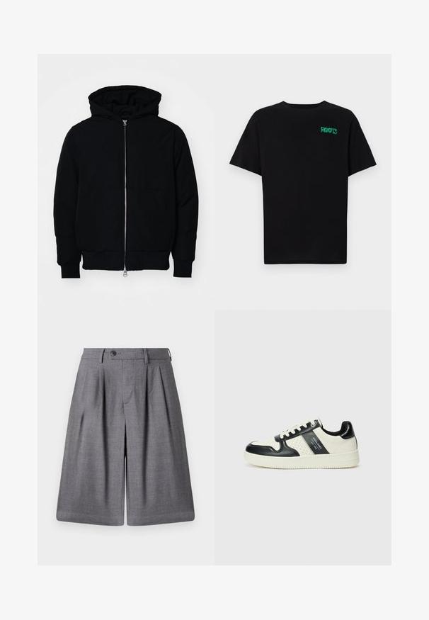 Veste à capuche noire avec fermeture éclair sur le devant, poche kangourou, poignets et ourlet côtelés, présentée sur un fond blanc uni.; T-shirt noir en coton à manches courtes. Présente un logo "ROOTS" vert sur le devant, un col rond et une coupe standard.; Shorts taillés gris en tissu lisse, dotés de plis, d'une fermeture à bouton et d'une taille rigide pour un ajustement structuré.; Baskets en cuir avec un schéma de couleurs noir et crème, dotées d'accents perforés, d'un col rembourré et d'une semelle texturée.