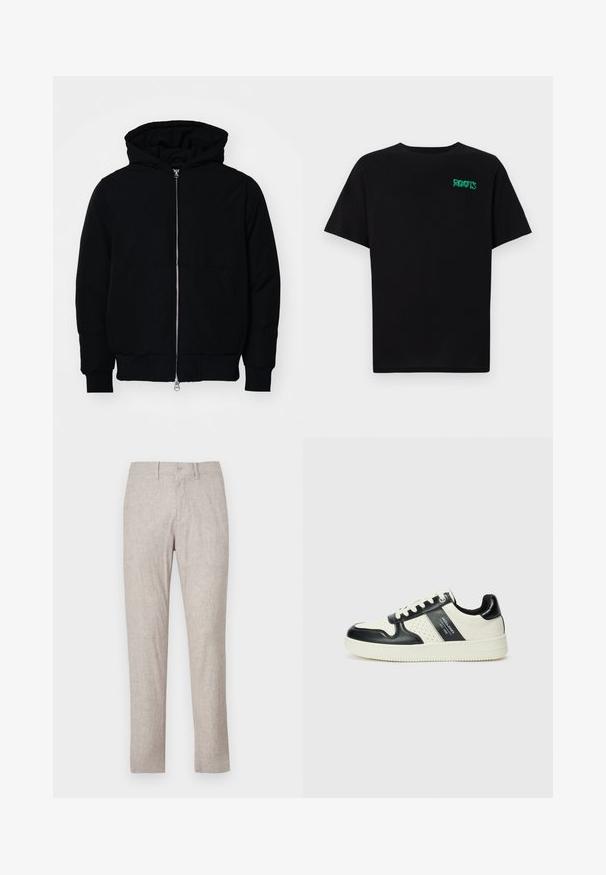 Giacca nera con cappuccio, dotata di zip frontale, tasca a marsupio, polsini e orlo a coste, esposta su uno sfondo bianco semplice.; T-shirt nera in cotone con maniche corte. Presenta un logo verde "ROOTS" sulla parte frontale, colletto rotondo e vestibilità standard.; Pantaloni in lino beige con taglio dritto, dotati di chiusura a bottone, tasche frontali e senza modelli o decorazioni visibili.; Sneakers in pelle con una combinazione di colori nero e crema, dotati di dettagli perforati, collare imbottito e suola testurizzata.