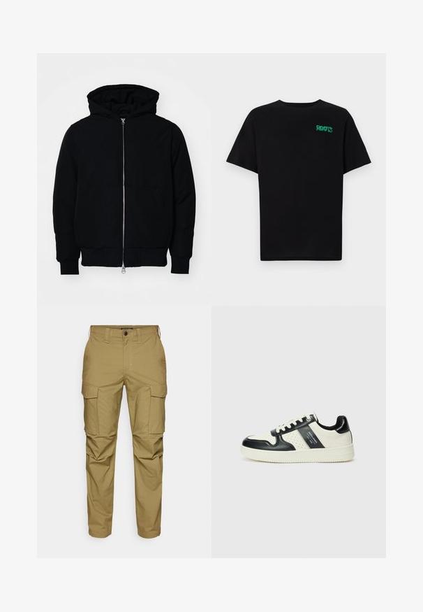 Black hooded jacket with front zipper, kangaroo pocket, ribbed cuffs, and hem, displayed on a plain white background.; Black t-shirt made of cotton with short sleeves. Features a green "ROOTS" logo on the front, round neckline, and standard fit.; Khaki cargo pants made of cotton blend, featuring multiple side pockets, a straight cut, light stitching, and a button closure at the waist.; Leather sneakers with a black and cream color scheme, featuring perforated accents, a padded collar, and a textured outsole.
