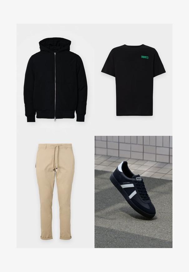 Schwarze Kapuzenjacke mit Frontreißverschluss, Kängurutasche, gerippten Bündchen und Saum, auf einem schlichten weißen Hintergrund präsentiert.; Schwarzes T-Shirt aus Baumwolle mit kurzen Ärmeln. Auf der Vorderseite befindet sich ein grünes "ROOTS"-Logo, es hat einen runden Halsauschnitt und eine normale Passform.; Beige Schlafanzughosen mit tapered Schnitt, seitlichen Taschen und umgeschlagenen Säumen für ein elegantes Design. Hergestellt aus leichtem Stoff.; Schwarze Leder-Sneaker mit weißen Streifen, strukturiertem Gummisohle und Schnürung. Verfügt über ein Markenetikett auf der Zunge.