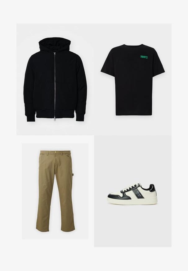 Schwarze Kapuzenjacke mit Frontreißverschluss, Kängurutasche, gerippten Bündchen und Saum, auf einem schlichten weißen Hintergrund präsentiert.; Schwarzes T-Shirt aus Baumwolle mit kurzen Ärmeln. Auf der Vorderseite befindet sich ein grünes "ROOTS"-Logo, es hat einen runden Halsauschnitt und eine normale Passform.; Khakihosen aus glattem Stoff mit Knopfverschluss, Gürtelschlaufen, zwei Fronttaschen und einer Seitentasche im geraden Bein-Design.; Leder-Sneaker in Schwarz- und Cremetönen, mit perforierten Akzenten, einem gepolsterten Kragen und einer strukturierten Laufsohle.