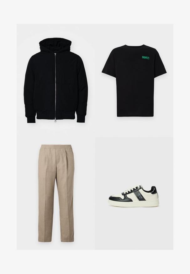 Black hooded jacket with front zipper, kangaroo pocket, ribbed cuffs, and hem, displayed on a plain white background.; Black t-shirt made of cotton with short sleeves. Features a green "ROOTS" logo on the front, round neckline, and standard fit.; Beige, loose-fitting trousers with an elastic waistband, straight legs, and two front pleats. Made from a textured, woven fabric.; Leather sneakers with a black and cream color scheme, featuring perforated accents, a padded collar, and a textured outsole.