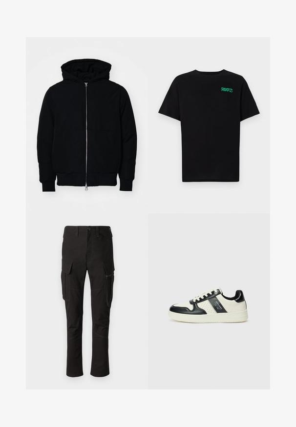 Melna kapucēta jaka ar priekšējo rāvējslēdzēju, kenguru kabatu, ribinātām aprocēm un apakšmalu, parādīta uz vienkārša balta fona.; Melna kokvilnas t-kreka ar īsām piedurknēm. Uz priekšu ir zaļa "ROOTS" logo, apaļa kakla izgriezums un standarta piegriezums.; Melnas kravas bikses ar vairākiem kabatām, ar rāvējslēdzēja sānu kabatu un pastiprinātu šuvju dizainu, piedāvā taisnas kājas un izturīgu audumu.; Ādas sporta apavi ar melnbaltu krāsu shēmu, ar perforētiem akcentiem, mīkstinātu apkakli un teksturētu zoli.