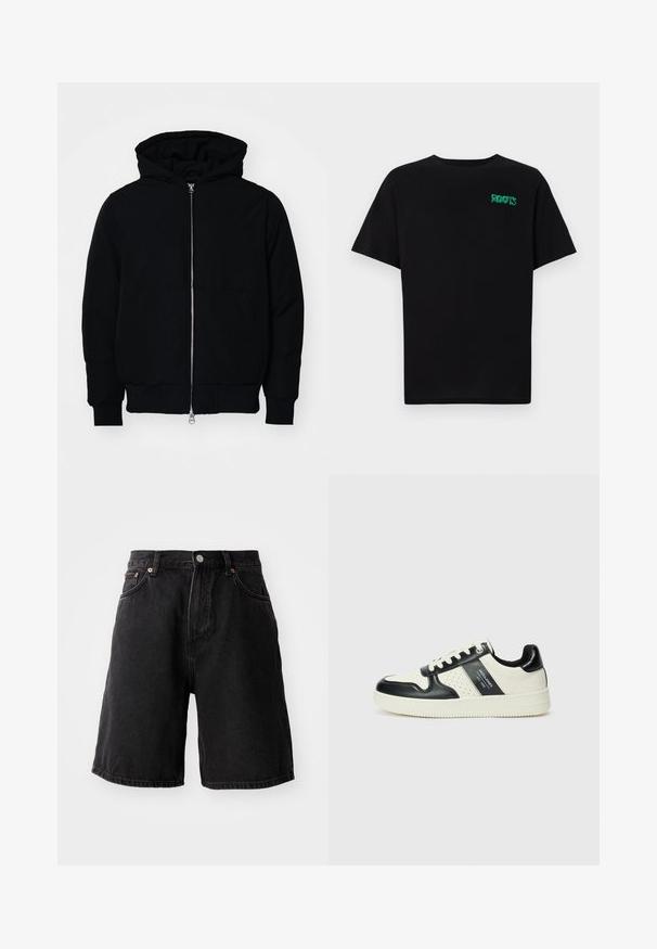 Černá kapucňová bunda s předním zipem, klokaní kapsou, vroubkovanými manžetami a spodním lemem, vystavená na čistém bílém pozadí.; Černé tričko vyrobené z bavlny s krátkým rukávem. Na přední straně se nachází zelené logo "ROOTS", kulatý výstřih a standardní střih.; Černé džíny šortky s volným střihem, s měděnými kovovými prvky, pěti kapsami a rovnými lemy. Tkanina má měkký, strukturovaný povrch.; Kožené tenisky s černobílou barevnou kombinací, které mají perforované detaily, polstrovaný límec a texturovanou podrážku.