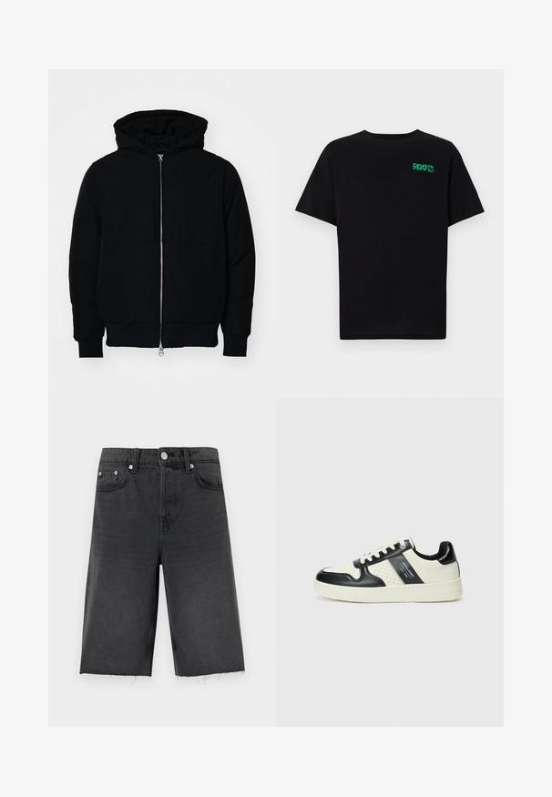 Črna kapuca jakna s sprednjim zadrgo, kenguru žepom, rebrastimi manšetami in hemom, razstavljena na enostavni beli ozadju.; Črna majica iz bombaža z kratkimi rokavi. Na sprednji strani ima zeleno logotip "ROOTS", okroglo ovratnico in standardno prileganje.; Črne tekstilne kratke hlače s ravnim krojem, z rahlo razmršenim robom, zankami za pas, petimi žepi in gumbki srebrne barve.; Usnjeni športni čevlji z črno in krem barvno shemo, ki vključujejo perforirane dodatke, podložen ovratnik in strukturirano podplat.