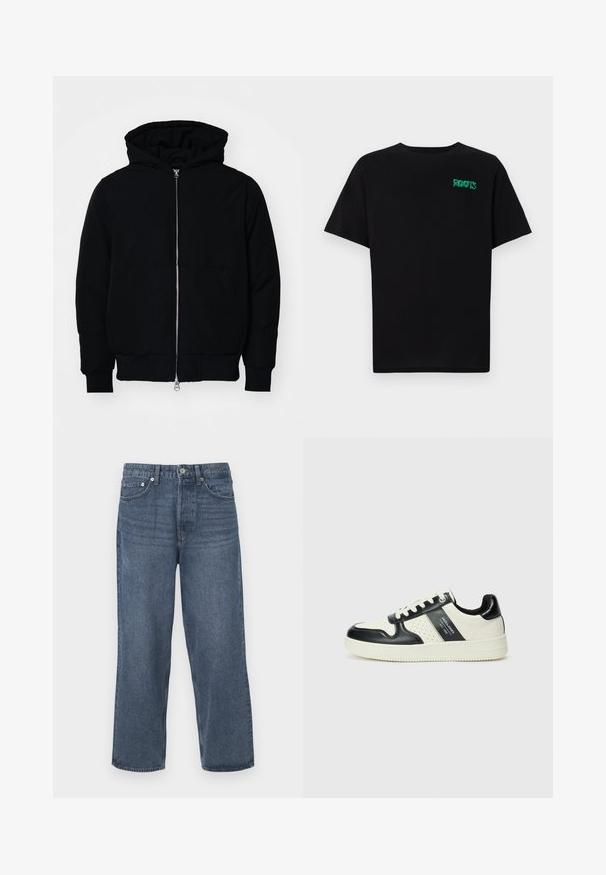 Black hooded jacket with front zipper, kangaroo pocket, ribbed cuffs, and hem, displayed on a plain white background.; Black t-shirt made of cotton with short sleeves. Features a green "ROOTS" logo on the front, round neckline, and standard fit.; Dark blue denim jeans with a straight leg design, five pockets, and a button closure. Features subtle fading and a classic cut.; Leather sneakers with a black and cream color scheme, featuring perforated accents, a padded collar, and a textured outsole.