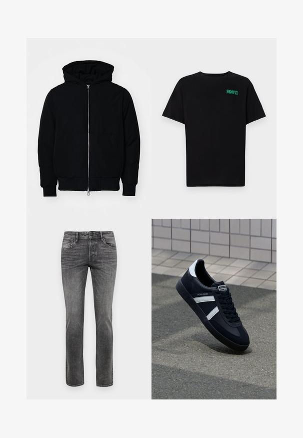 Fekete kapucnis dzseki elülső cipzárral, kenguruzsebbel, bordázott mandzsettákkal és aba, egy sima fehér háttér előtt.; Fekete, pamutból készült póló rövid ujjakkal. Elöl zöld "ROOTS" logóval, kerek nyakkivágással és normál szabással.; Szürke farmernadrág egyenes szabással, öt zsebből álló kialakítással és finom kopással. Klasszikus gombos és cipzáras záródással rendelkezik.; Fekete bőr sportcipő fehér csíkokkal, textúrált gumitalppal és fűzős elejével. A nyelvén márkás címke található.