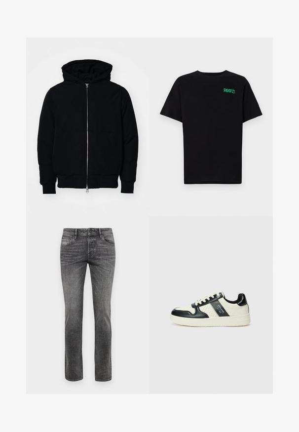 Melna kapucēta jaka ar priekšējo rāvējslēdzēju, kenguru kabatu, ribinātām aprocēm un apakšmalu, parādīta uz vienkārša balta fona.; Melna kokvilnas t-kreka ar īsām piedurknēm. Uz priekšu ir zaļa "ROOTS" logo, apaļa kakla izgriezums un standarta piegriezums.; Pelēki denim džinsi ar taisnu piegriezumu, pieci kabatas un nedaudz nolietojuma efekts. Iekļauj klasisku pogu un rāvējslēdzēja aizdari.; Ādas sporta apavi ar melnbaltu krāsu shēmu, ar perforētiem akcentiem, mīkstinātu apkakli un teksturētu zoli.