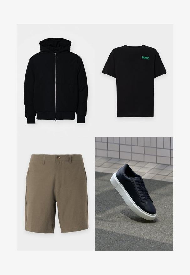 Černá kapucňová bunda s předním zipem, klokaní kapsou, vroubkovanými manžetami a spodním lemem, vystavená na čistém bílém pozadí.; Černé tričko vyrobené z bavlny s krátkým rukávem. Na přední straně se nachází zelené logo "ROOTS", kulatý výstřih a standardní střih.; Olivově zelené šortky vyrobené z texturované látky, s knoflíkovým zapínáním a plochým předním dílem, s bočními kapsami pro funkčnost.; Černé kožené tenisky s kulatou špičkou a bílou gumovou podrážkou. mají ploché tkaničky a minimální šití na svršku. Texturovaná podrážka pro lepší přilnavost.