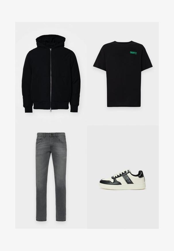 Black hooded jacket with front zipper, kangaroo pocket, ribbed cuffs, and hem, displayed on a plain white background.; Black t-shirt made of cotton with short sleeves. Features a green "ROOTS" logo on the front, round neckline, and standard fit.; Gray denim jeans with a classic straight fit, featuring a standard five-pocket design and a subtle faded texture throughout.; Leather sneakers with a black and cream color scheme, featuring perforated accents, a padded collar, and a textured outsole.