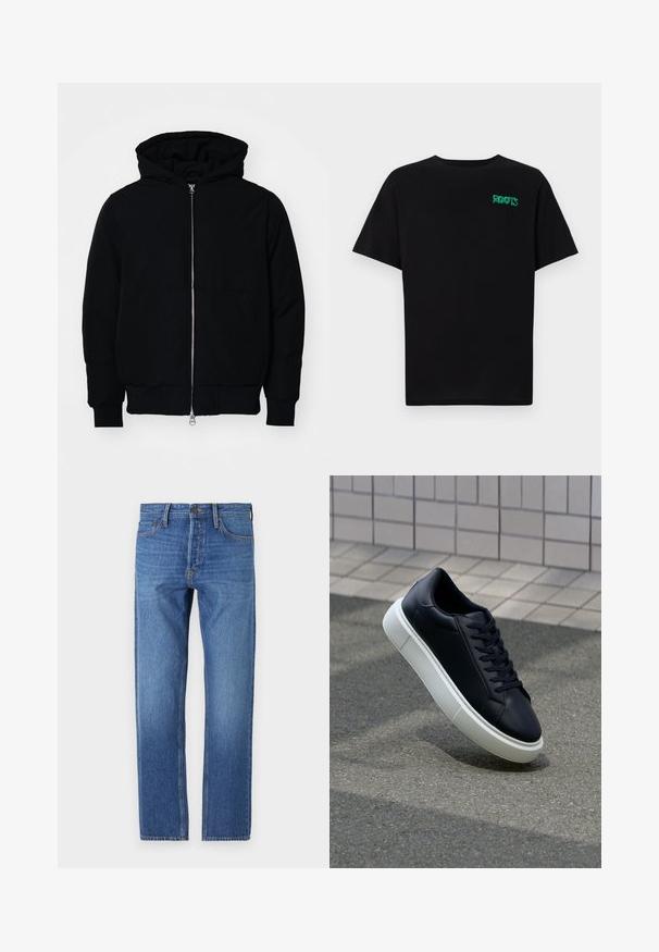 Zwarte hoodie met rits aan de voorkant, kangoeroe-pocket, geribbelde manchetten en zoom, weergegeven op een effen witte achtergrond.; Zwarte T-shirt van katoen met korte mouwen. Heeft een groen "ROOTS" logo op de voorkant, een ronde halslijn en een standaard pasvorm.; Blauwe denim jeans met een rechte pijp, klassieke vijf-pocketontwerp, koperen stiksels en een vervaagde wasbeurt voor een versleten look.; Zwarte leren sneaker met een ronde neus en een witte rubberen zool. Voorzien van platte veters en minimale stiksels op het bovenwerk. Textuurrijke zool voor grip.