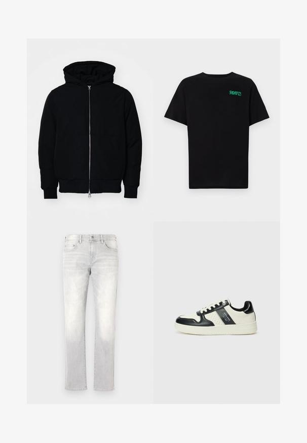 Mustaga kapuutsiga jakk, millel on esineed, kenguru tasku, soonikkoes, ja alläär, esitatud lihtsal valgel taustal.; Must t-särk, mis on valmistatud puuvillast, lühikeste varrukatega. Esipaneelil on roheline "ROOTS" logo, ümmargune kaelus ja tavapärane lõige.; Heledad hallid denim teksad sirge sääre lõikega, kerge kulumisega, esi-taskud ja üks taga-tasku. Klassikaline nööbid ja tõmblukk.; Nahatud nahkkingad musta ja kreemi värviskeemiga, millel on perforeeritud aktsendid, pehme krae ja tekstureeritud tallad.